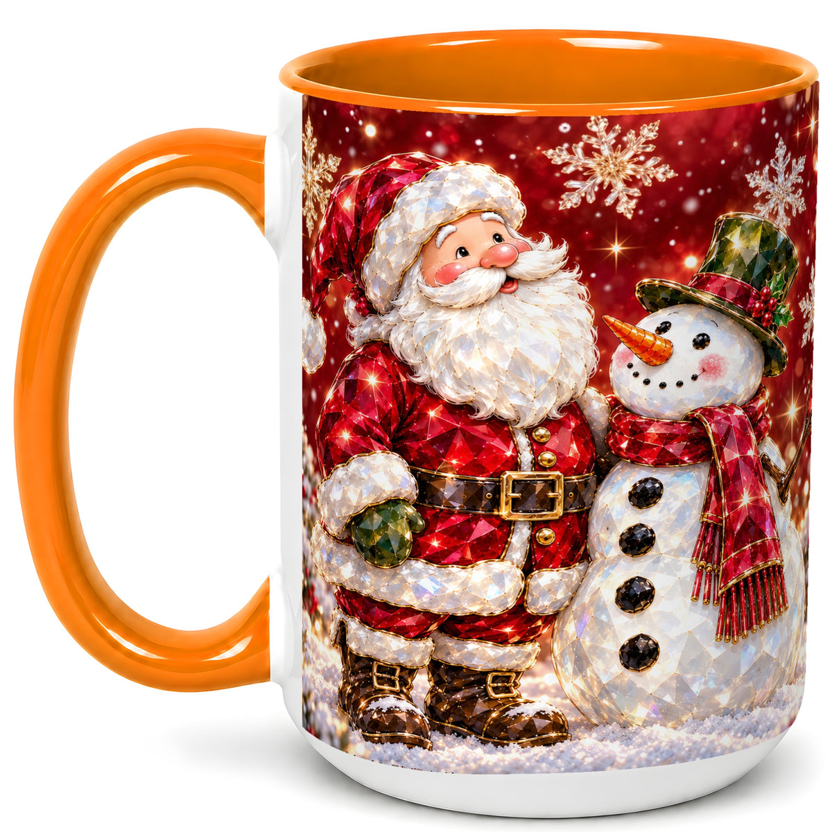 #pl[15oz|Orange] Faceted Santa Snowman Coffee Mug, Christmas Duo Mug, Ceramic Cup