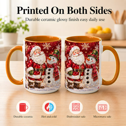 #pl[15oz|Orange] Faceted Santa Snowman Coffee Mug, Christmas Duo Mug, Ceramic Cup