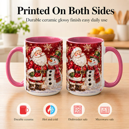 #pl[15oz|Pink] Faceted Santa Snowman Coffee Mug, Christmas Duo Mug, Ceramic Cup