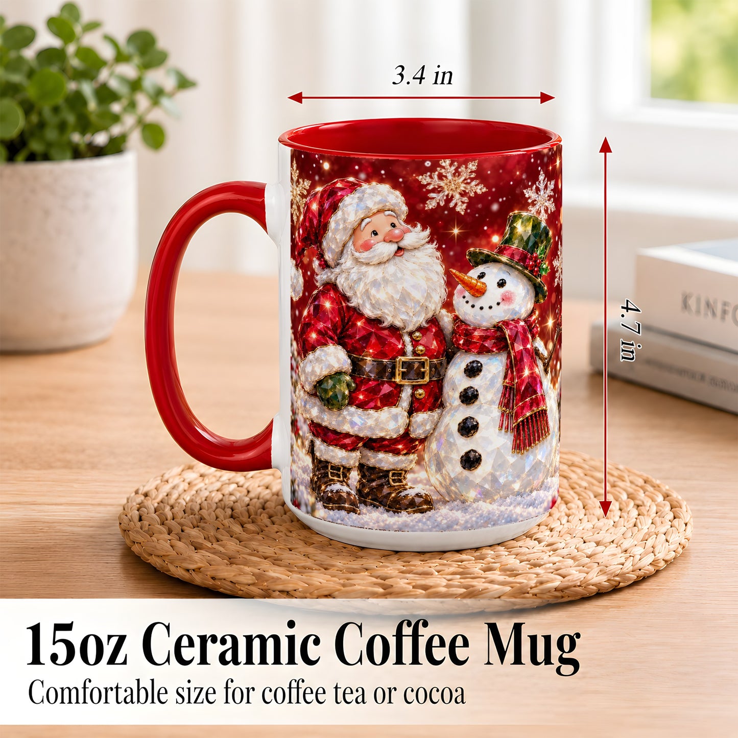 #pl[15oz|Red] Faceted Santa Snowman Coffee Mug, Christmas Duo Mug, Ceramic Cup