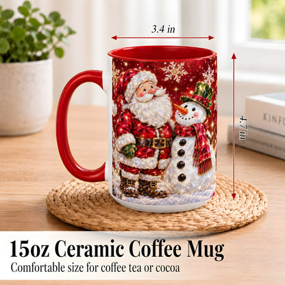 #pl[15oz|Red] Faceted Santa Snowman Coffee Mug, Christmas Duo Mug, Ceramic Cup