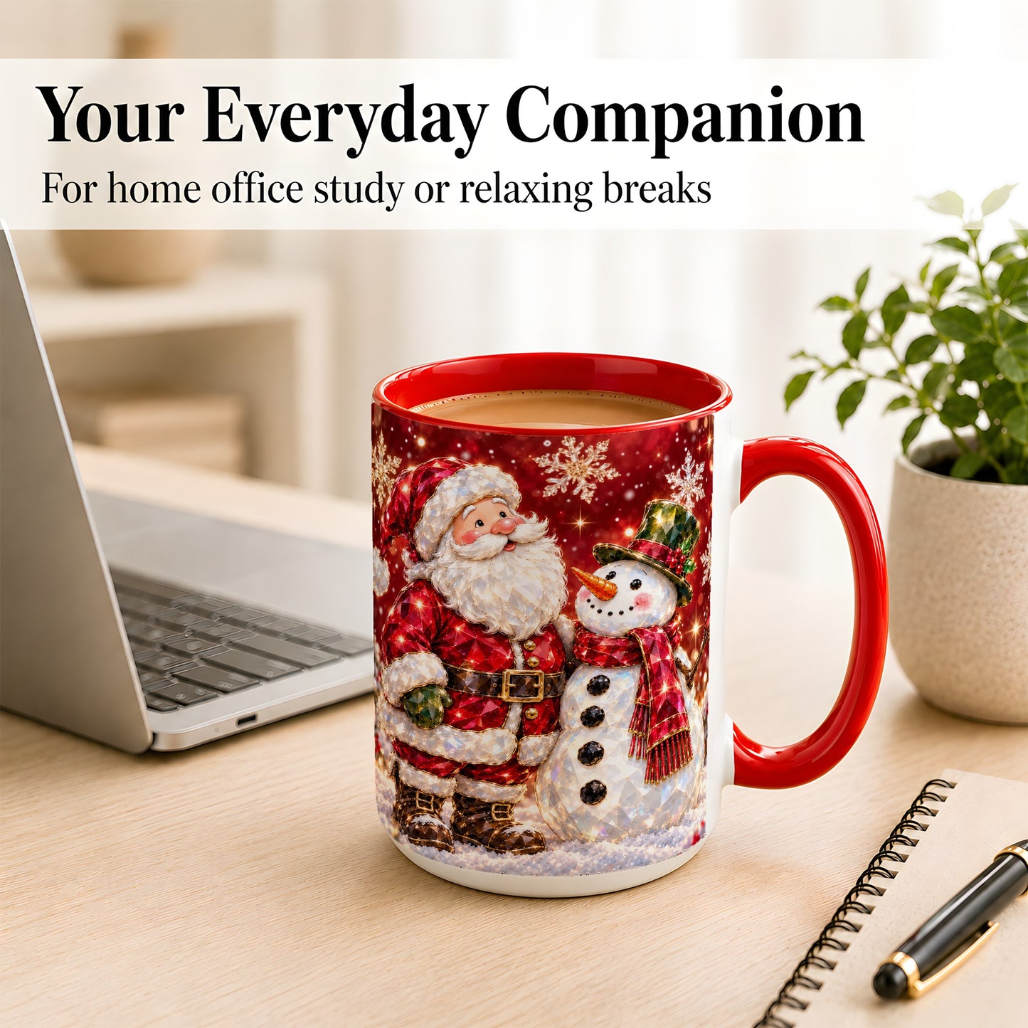#pl[15oz|Red] Faceted Santa Snowman Coffee Mug, Christmas Duo Mug, Ceramic Cup