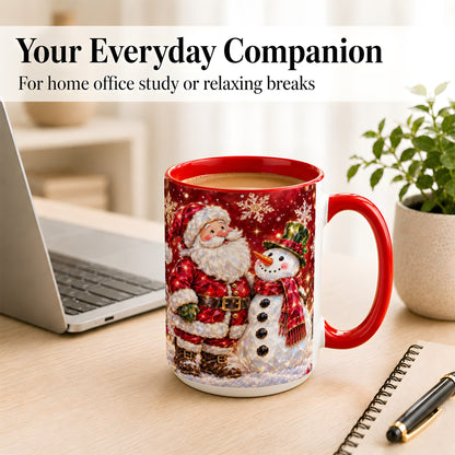 #pl[15oz|Red] Faceted Santa Snowman Coffee Mug, Christmas Duo Mug, Ceramic Cup