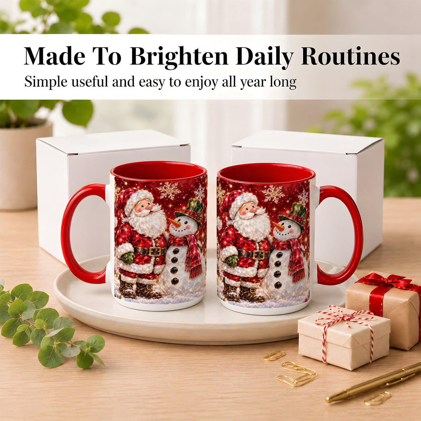 #pl[15oz|Red] Faceted Santa Snowman Coffee Mug, Christmas Duo Mug, Ceramic Cup