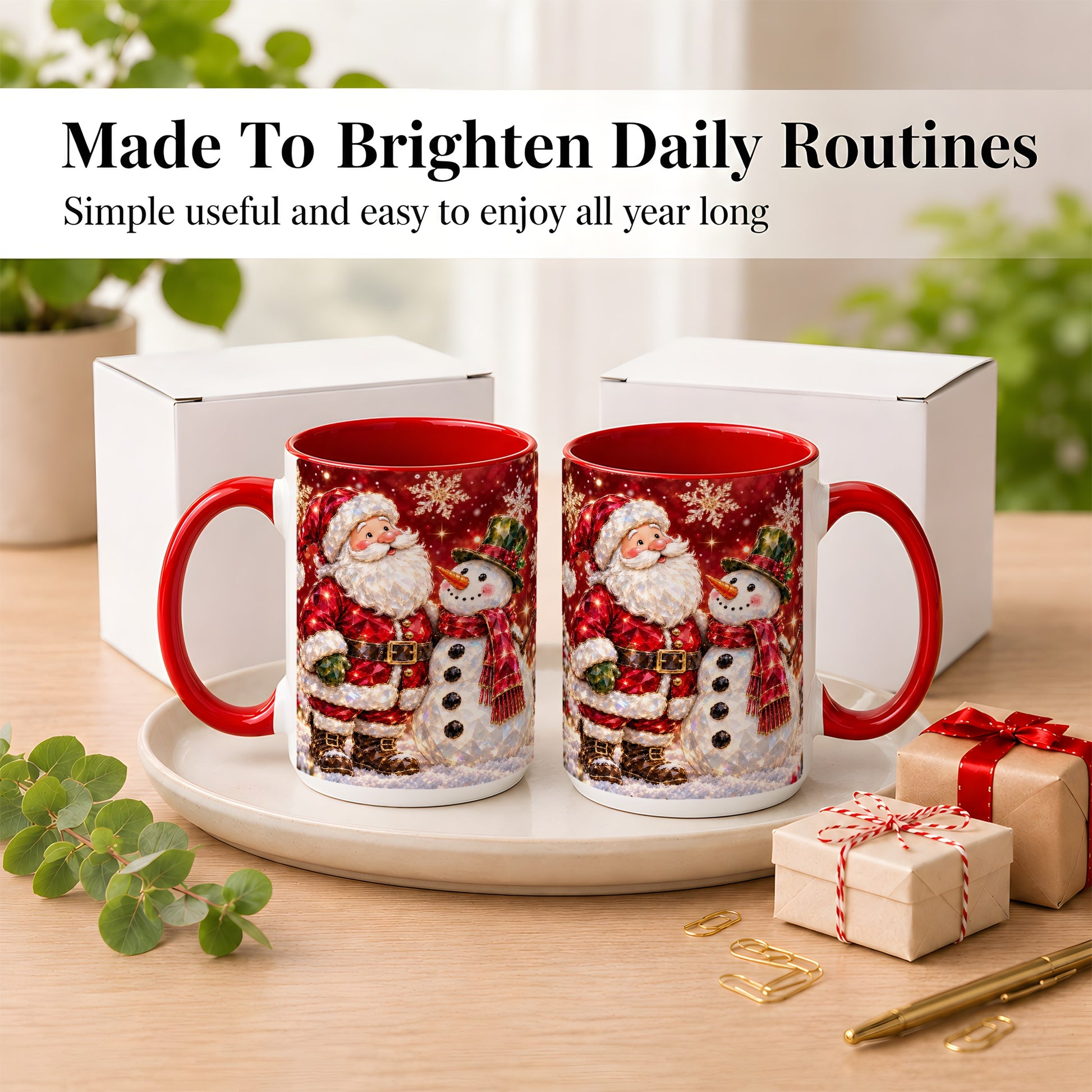 #pl[15oz|Red] Faceted Santa Snowman Coffee Mug, Christmas Duo Mug, Ceramic Cup