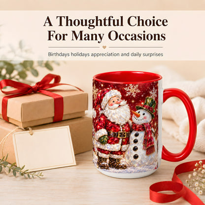 #pl[15oz|Red] Faceted Santa Snowman Coffee Mug, Christmas Duo Mug, Ceramic Cup