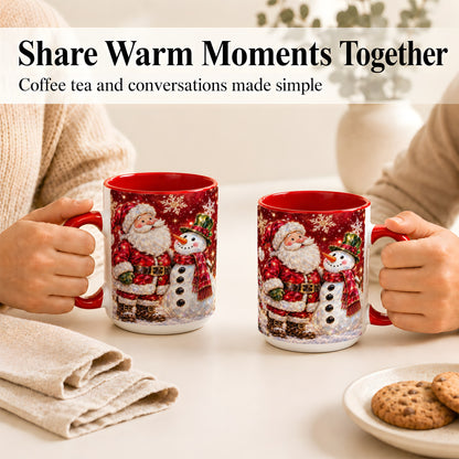 #pl[15oz|Red] Faceted Santa Snowman Coffee Mug, Christmas Duo Mug, Ceramic Cup