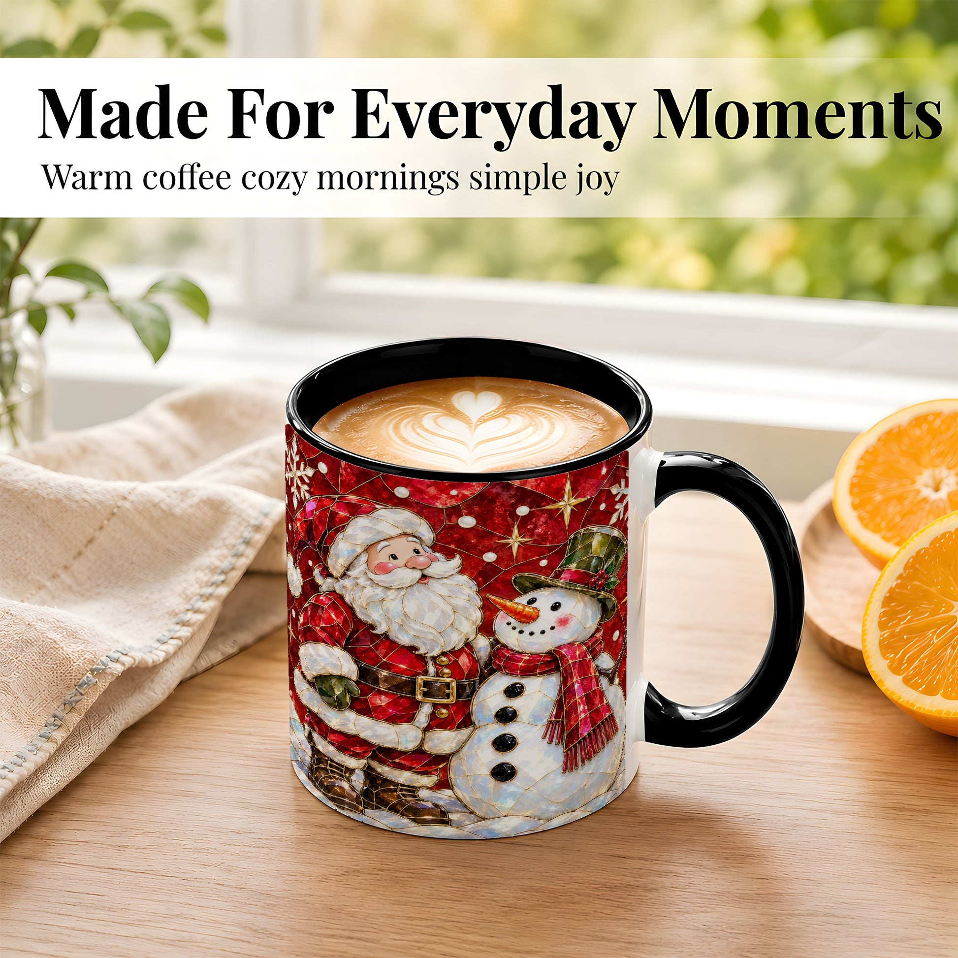 #pl[11oz|Black] Santa and Snowman Coffee Mug, Mosaic Christmas Holiday Mug, Ceramic Cup