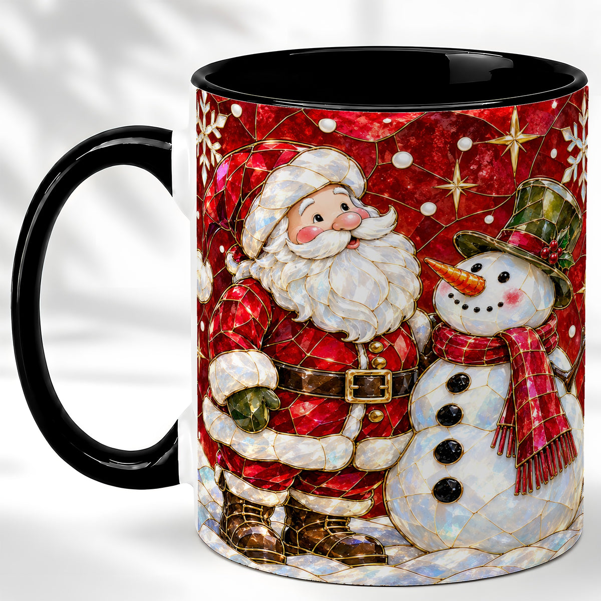 #pl[11oz|Black] Santa and Snowman Coffee Mug, Mosaic Christmas Holiday Mug, Ceramic Cup