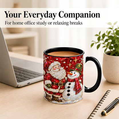 #pl[11oz|Black] Santa and Snowman Coffee Mug, Mosaic Christmas Holiday Mug, Ceramic Cup