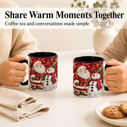#pl[11oz|Black] Santa and Snowman Coffee Mug, Mosaic Christmas Holiday Mug, Ceramic Cup