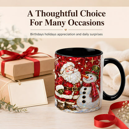 #pl[11oz|Black] Santa and Snowman Coffee Mug, Mosaic Christmas Holiday Mug, Ceramic Cup