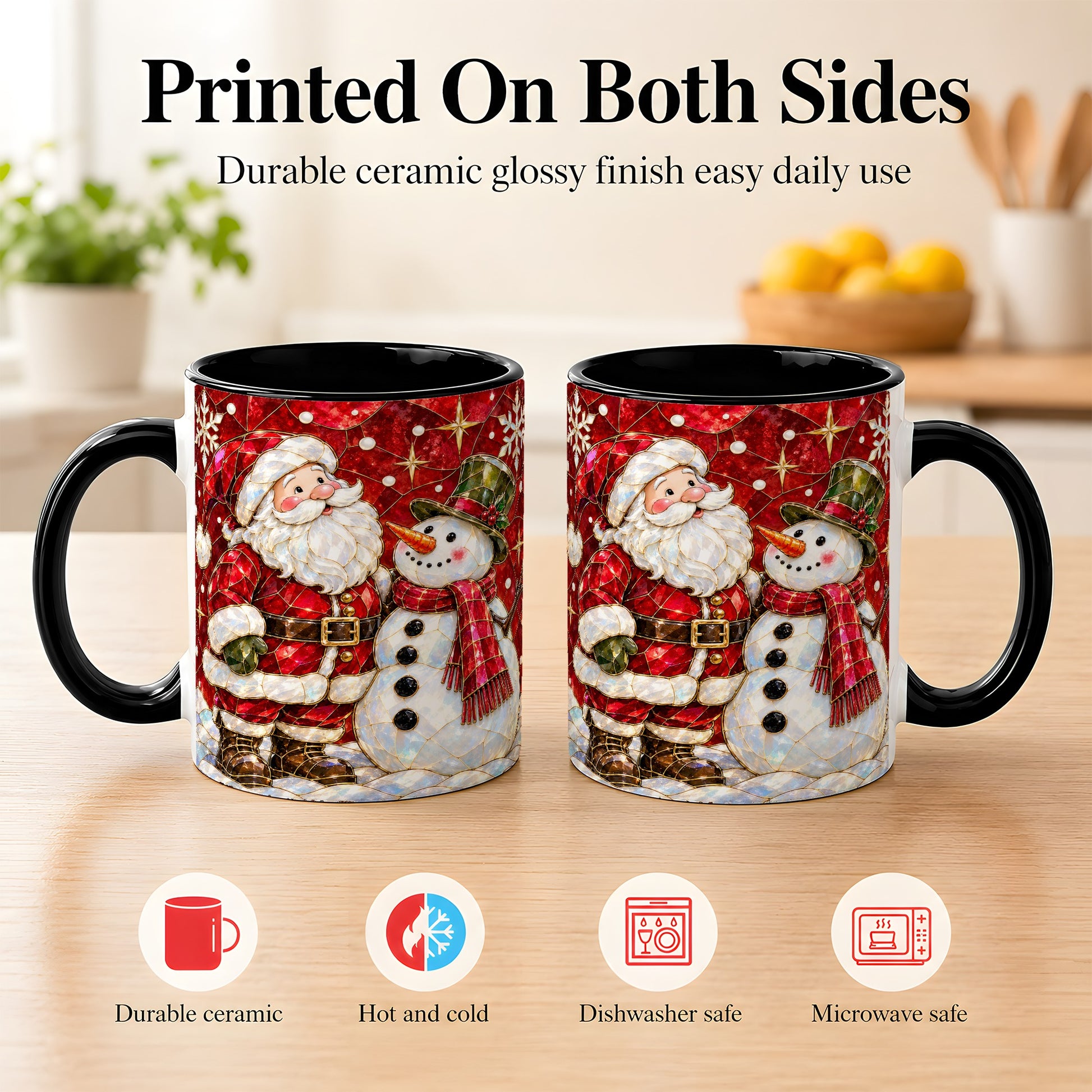 #pl[11oz|Black] Santa and Snowman Coffee Mug, Mosaic Christmas Holiday Mug, Ceramic Cup