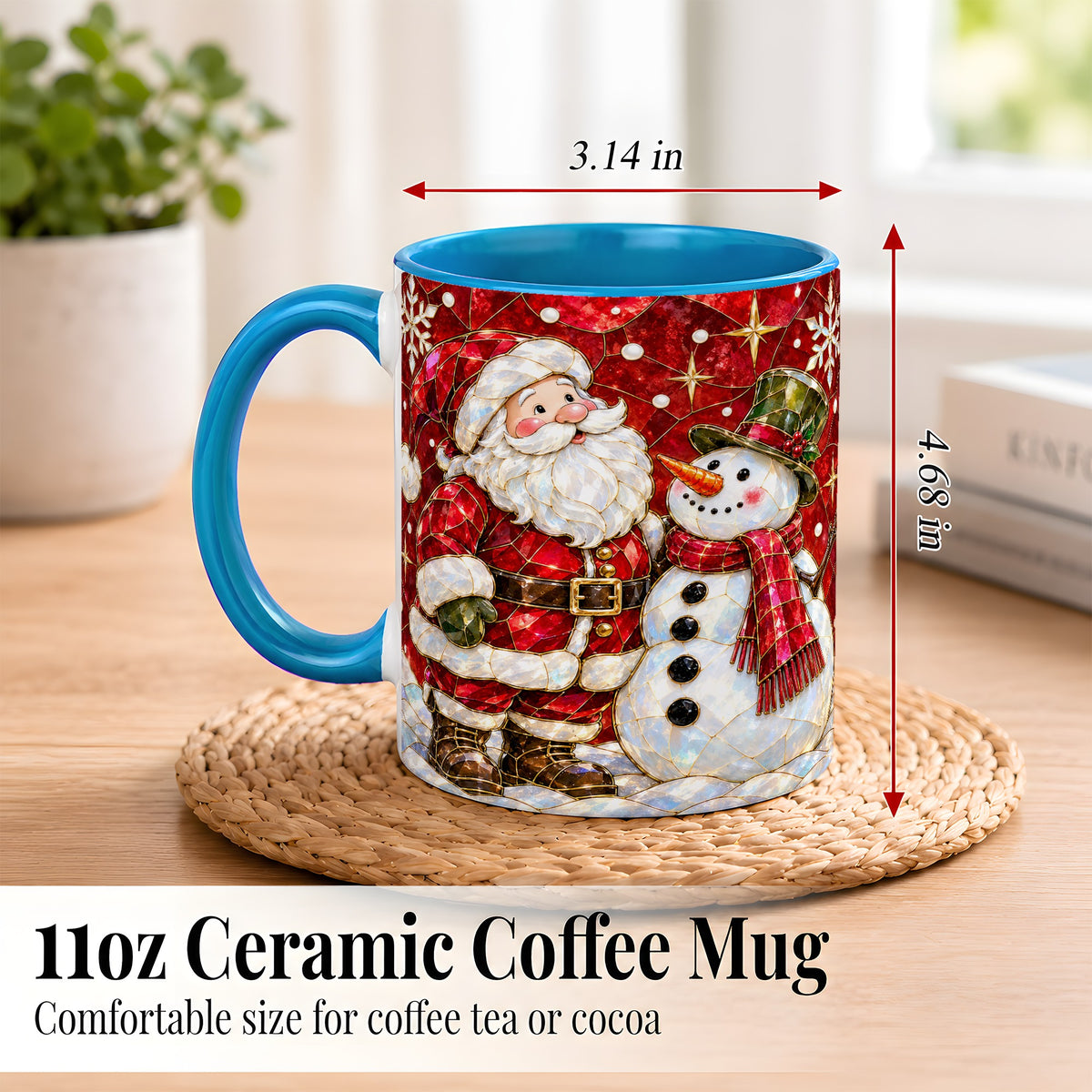 #pl[11oz|Blue] Santa and Snowman Coffee Mug, Mosaic Christmas Holiday Mug, Ceramic Cup