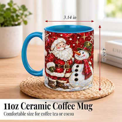 #pl[11oz|Blue] Santa and Snowman Coffee Mug, Mosaic Christmas Holiday Mug, Ceramic Cup