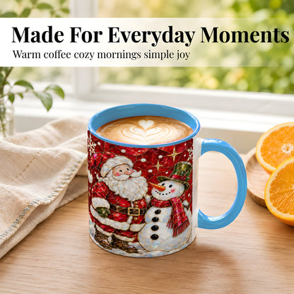 #pl[11oz|Blue] Santa and Snowman Coffee Mug, Mosaic Christmas Holiday Mug, Ceramic Cup