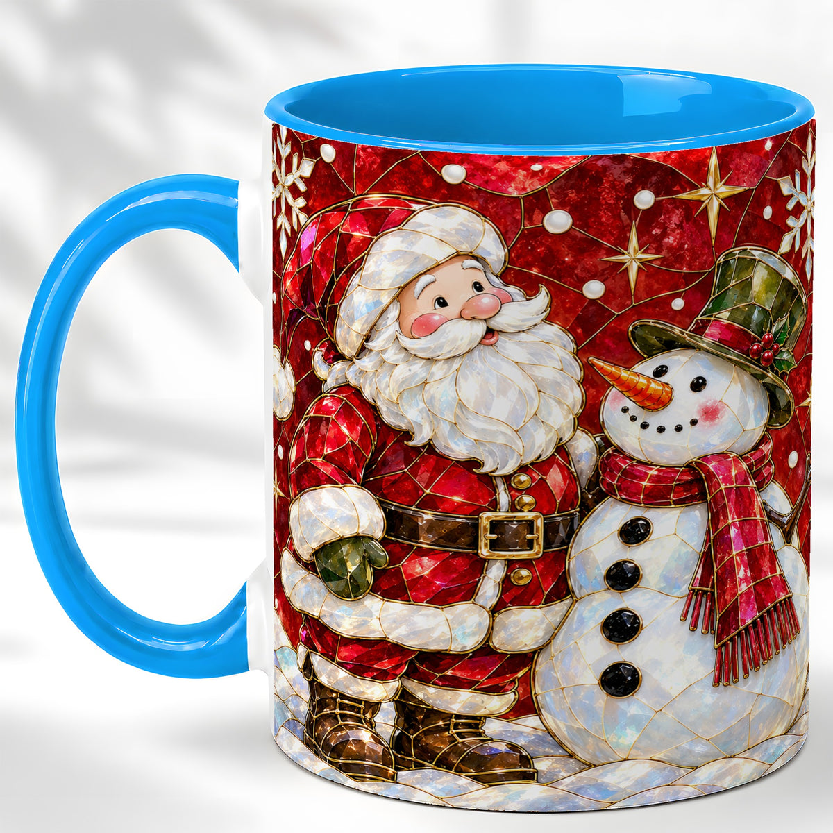#pl[11oz|Blue] Santa and Snowman Coffee Mug, Mosaic Christmas Holiday Mug, Ceramic Cup