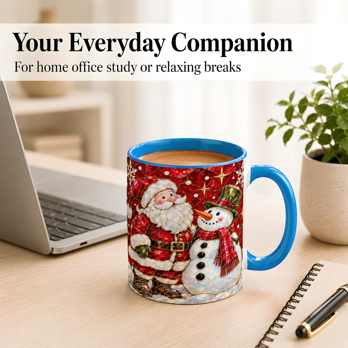#pl[11oz|Blue] Santa and Snowman Coffee Mug, Mosaic Christmas Holiday Mug, Ceramic Cup