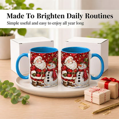 #pl[11oz|Blue] Santa and Snowman Coffee Mug, Mosaic Christmas Holiday Mug, Ceramic Cup