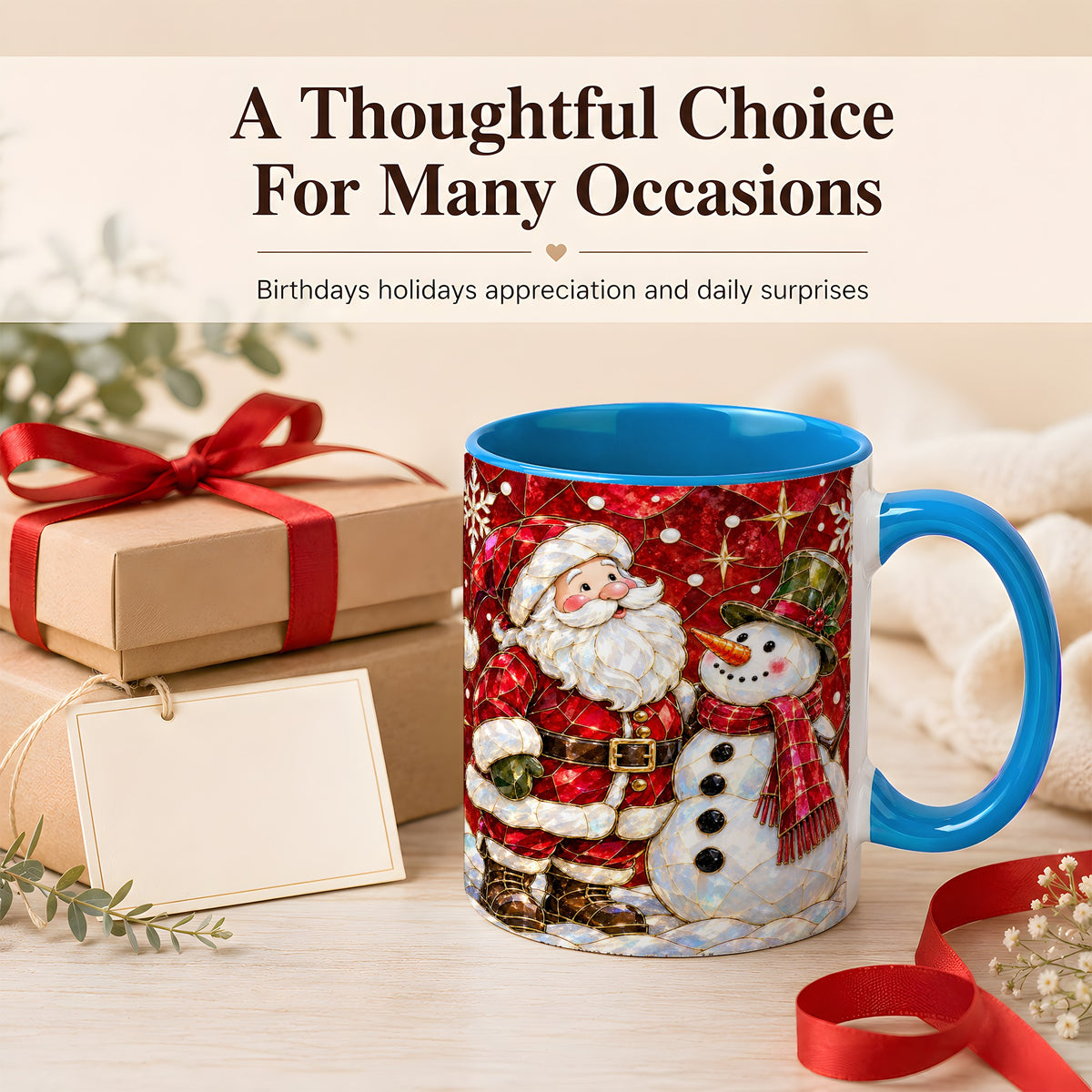 #pl[11oz|Blue] Santa and Snowman Coffee Mug, Mosaic Christmas Holiday Mug, Ceramic Cup