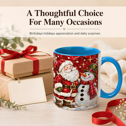#pl[11oz|Blue] Santa and Snowman Coffee Mug, Mosaic Christmas Holiday Mug, Ceramic Cup