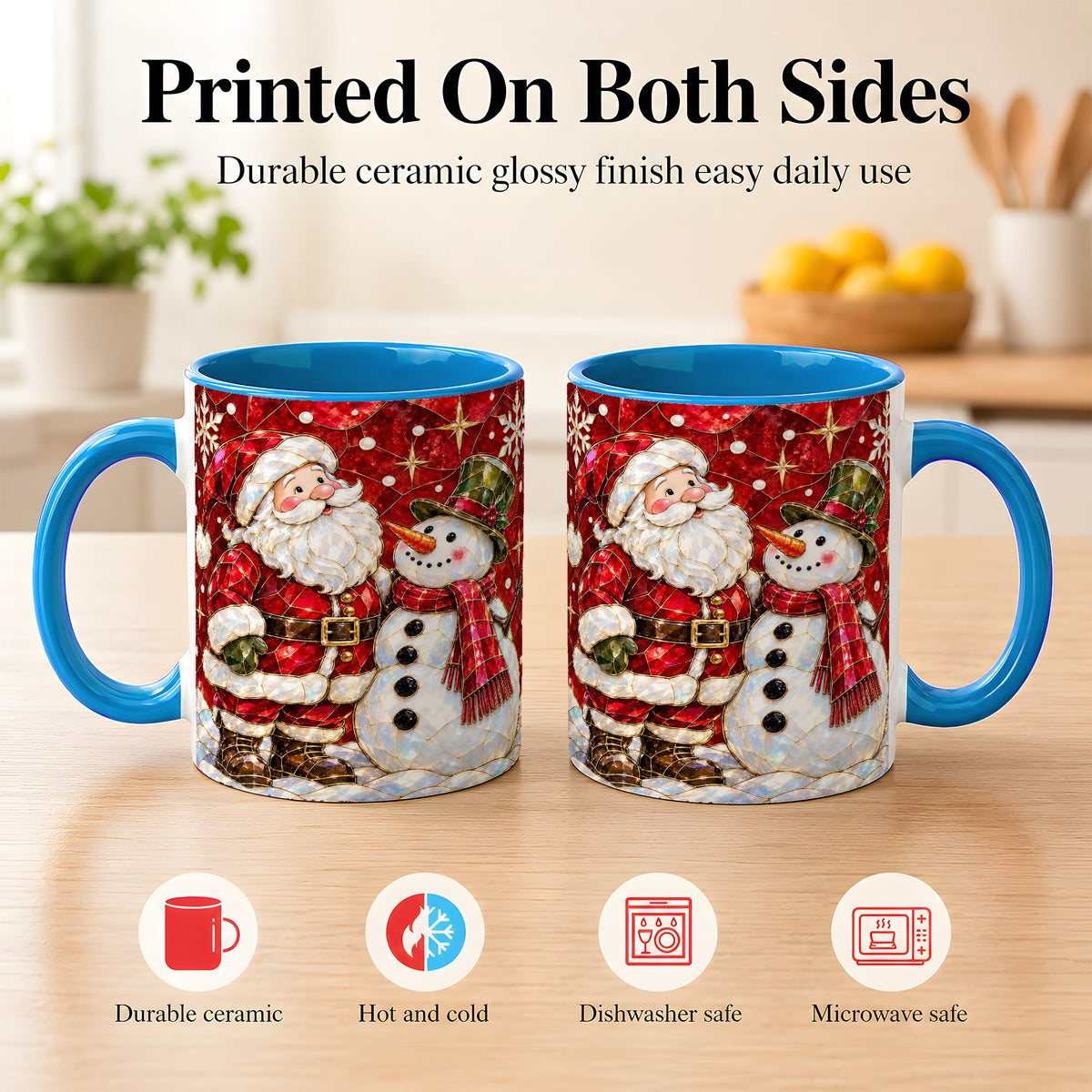 #pl[11oz|Blue] Santa and Snowman Coffee Mug, Mosaic Christmas Holiday Mug, Ceramic Cup