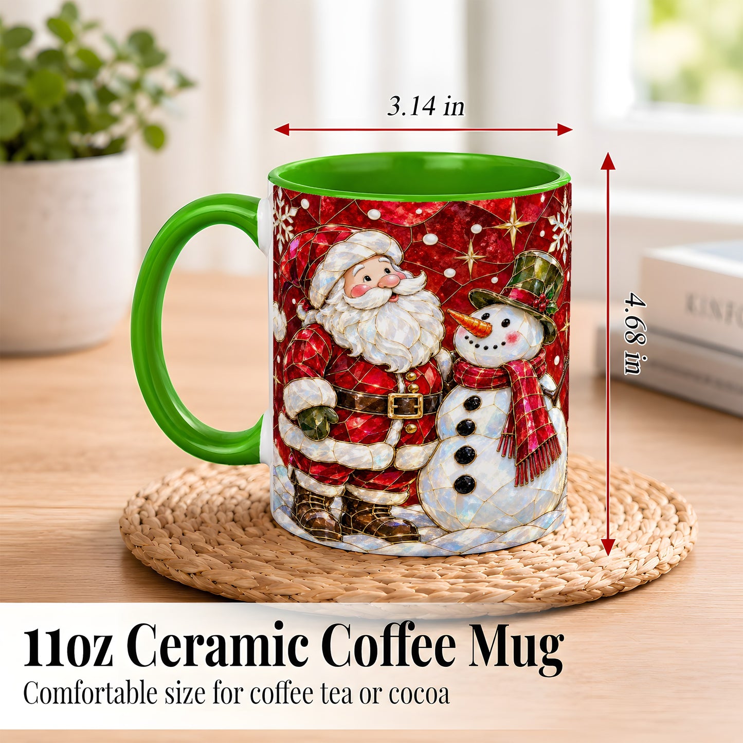 #pl[11oz|Green] Santa and Snowman Coffee Mug, Mosaic Christmas Holiday Mug, Ceramic Cup