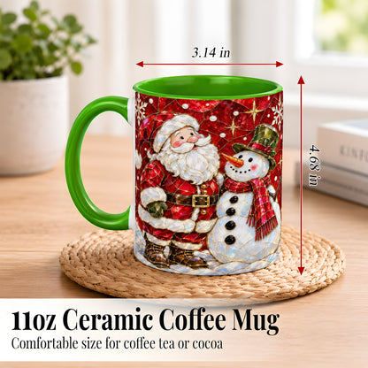 #pl[11oz|Green] Santa and Snowman Coffee Mug, Mosaic Christmas Holiday Mug, Ceramic Cup