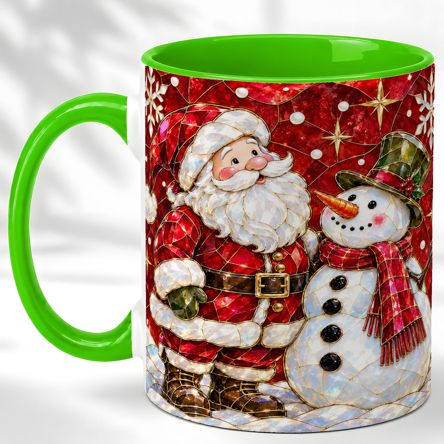 #pl[11oz|Green] Santa and Snowman Coffee Mug, Mosaic Christmas Holiday Mug, Ceramic Cup