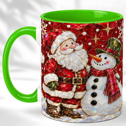 #pl[11oz|Green] Santa and Snowman Coffee Mug, Mosaic Christmas Holiday Mug, Ceramic Cup