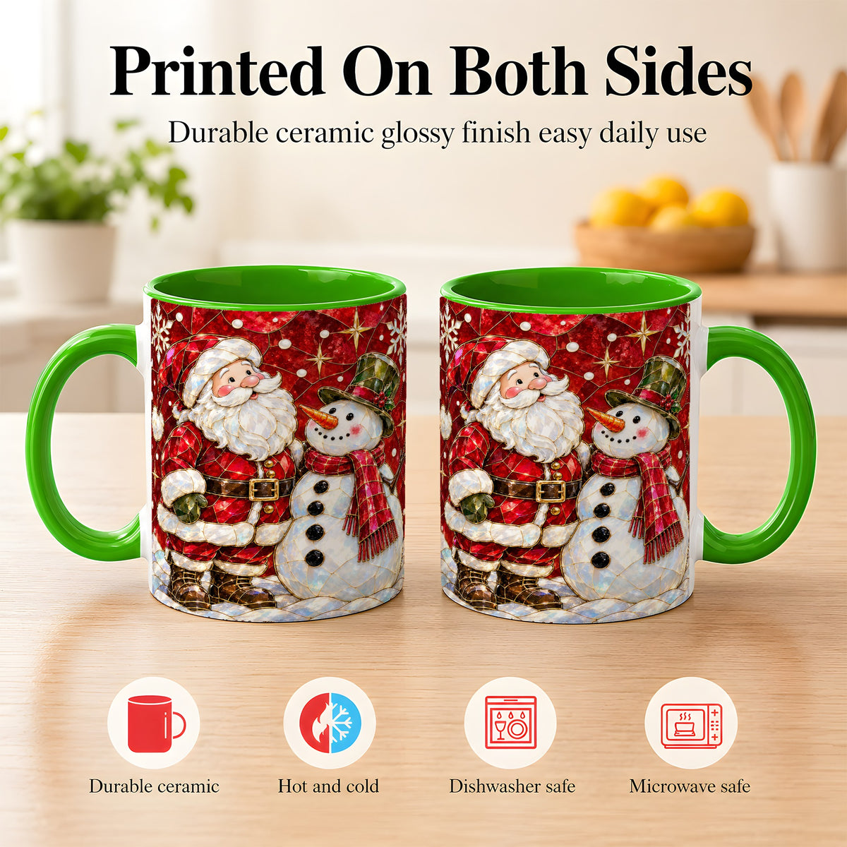 #pl[11oz|Green] Santa and Snowman Coffee Mug, Mosaic Christmas Holiday Mug, Ceramic Cup