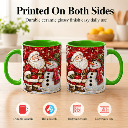 #pl[11oz|Green] Santa and Snowman Coffee Mug, Mosaic Christmas Holiday Mug, Ceramic Cup