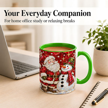 #pl[11oz|Green] Santa and Snowman Coffee Mug, Mosaic Christmas Holiday Mug, Ceramic Cup