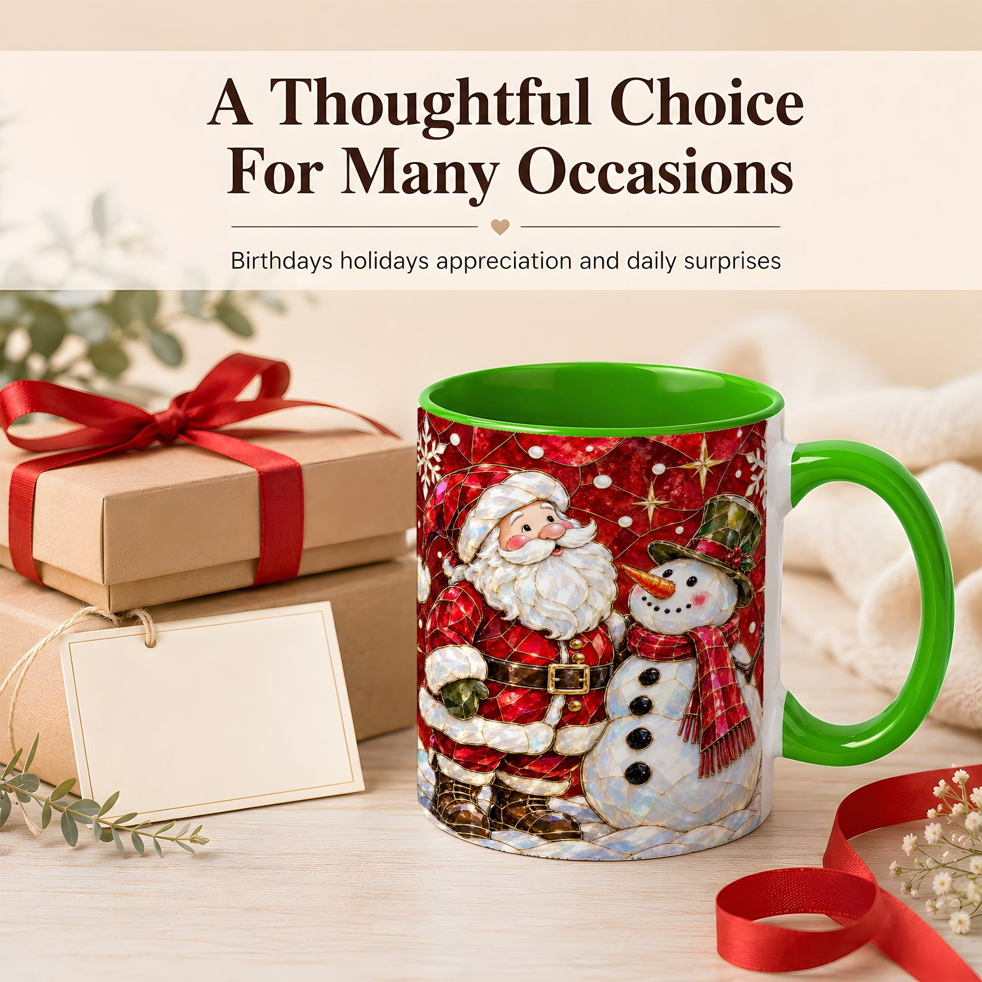 #pl[11oz|Green] Santa and Snowman Coffee Mug, Mosaic Christmas Holiday Mug, Ceramic Cup