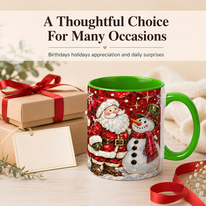#pl[11oz|Green] Santa and Snowman Coffee Mug, Mosaic Christmas Holiday Mug, Ceramic Cup
