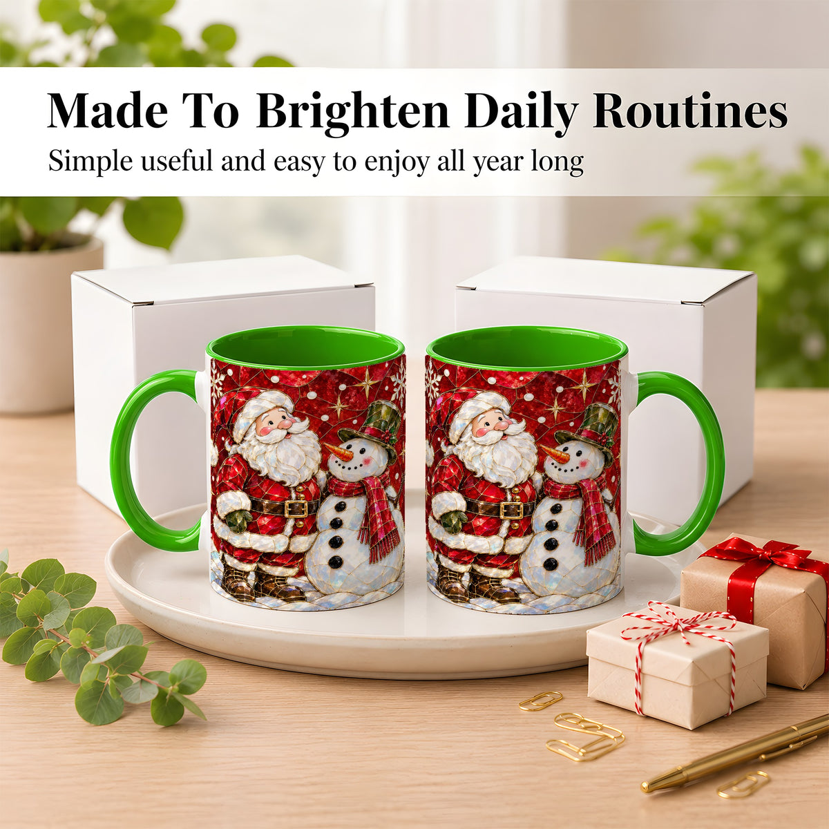 #pl[11oz|Green] Santa and Snowman Coffee Mug, Mosaic Christmas Holiday Mug, Ceramic Cup