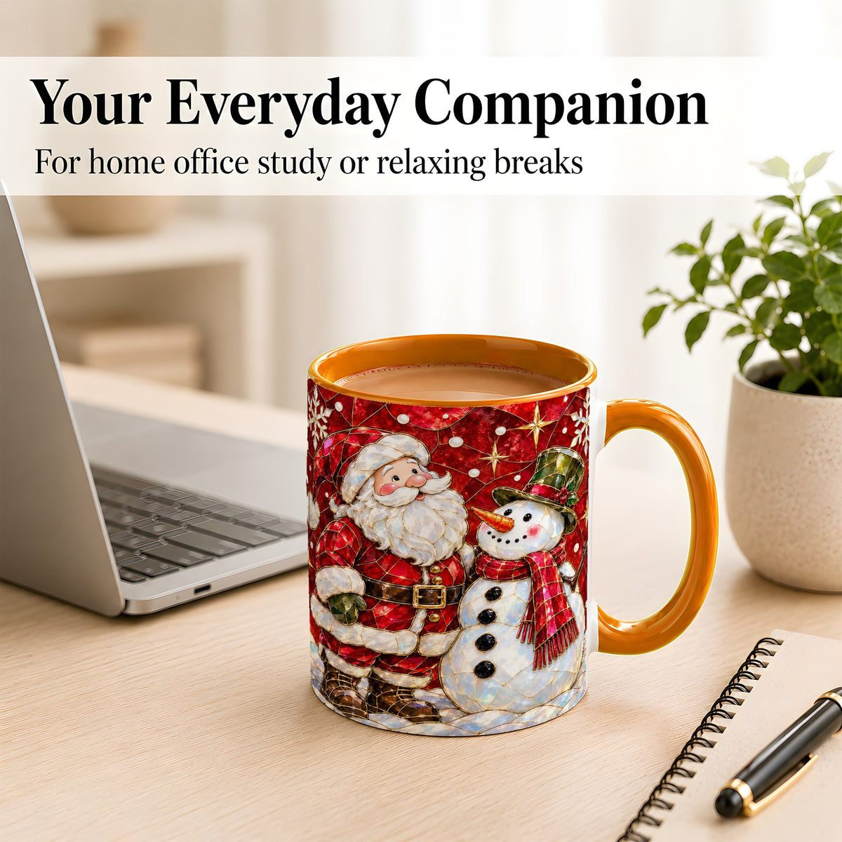 #pl[11oz|Orange] Santa and Snowman Coffee Mug, Mosaic Christmas Holiday Mug, Ceramic Cup