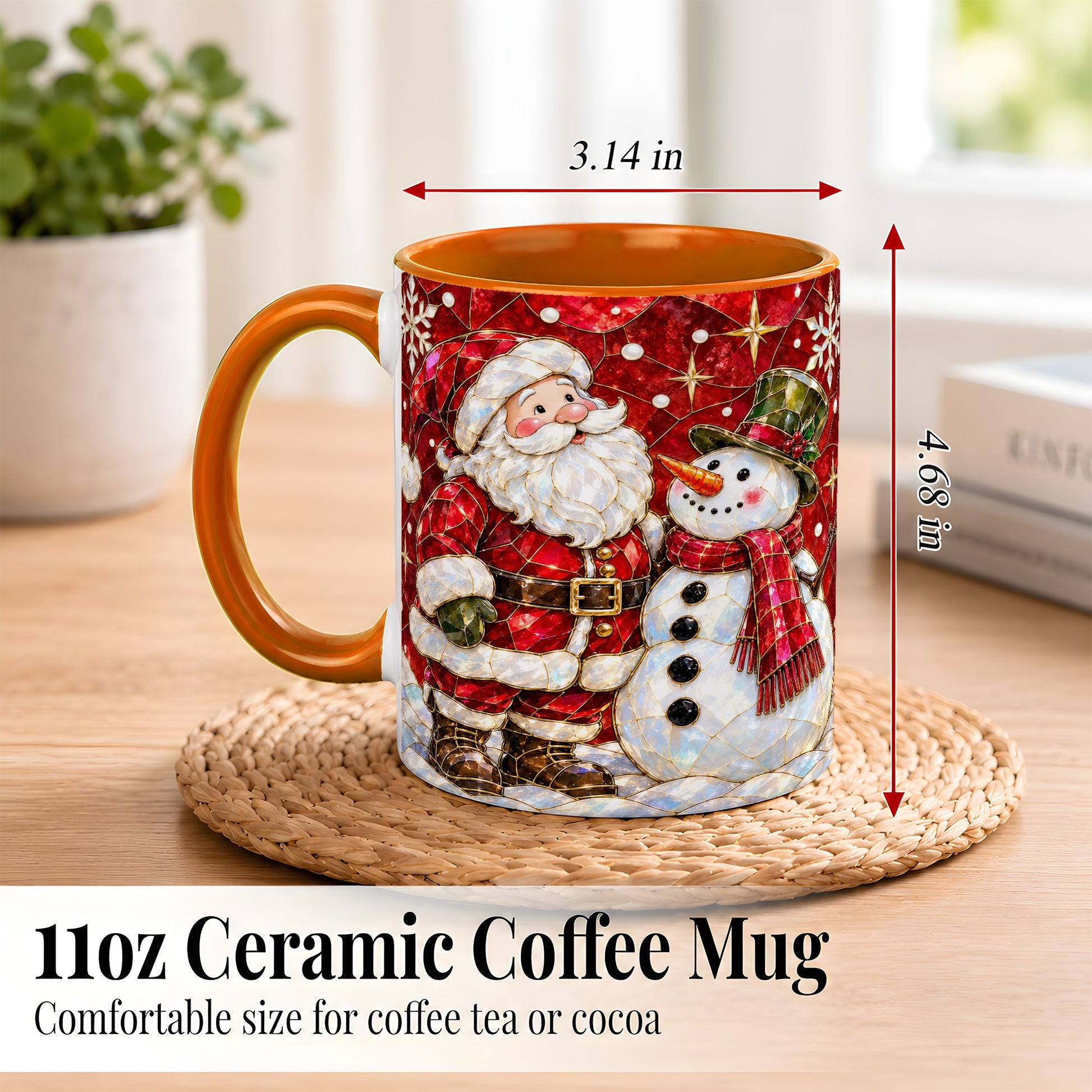 #pl[11oz|Orange] Santa and Snowman Coffee Mug, Mosaic Christmas Holiday Mug, Ceramic Cup