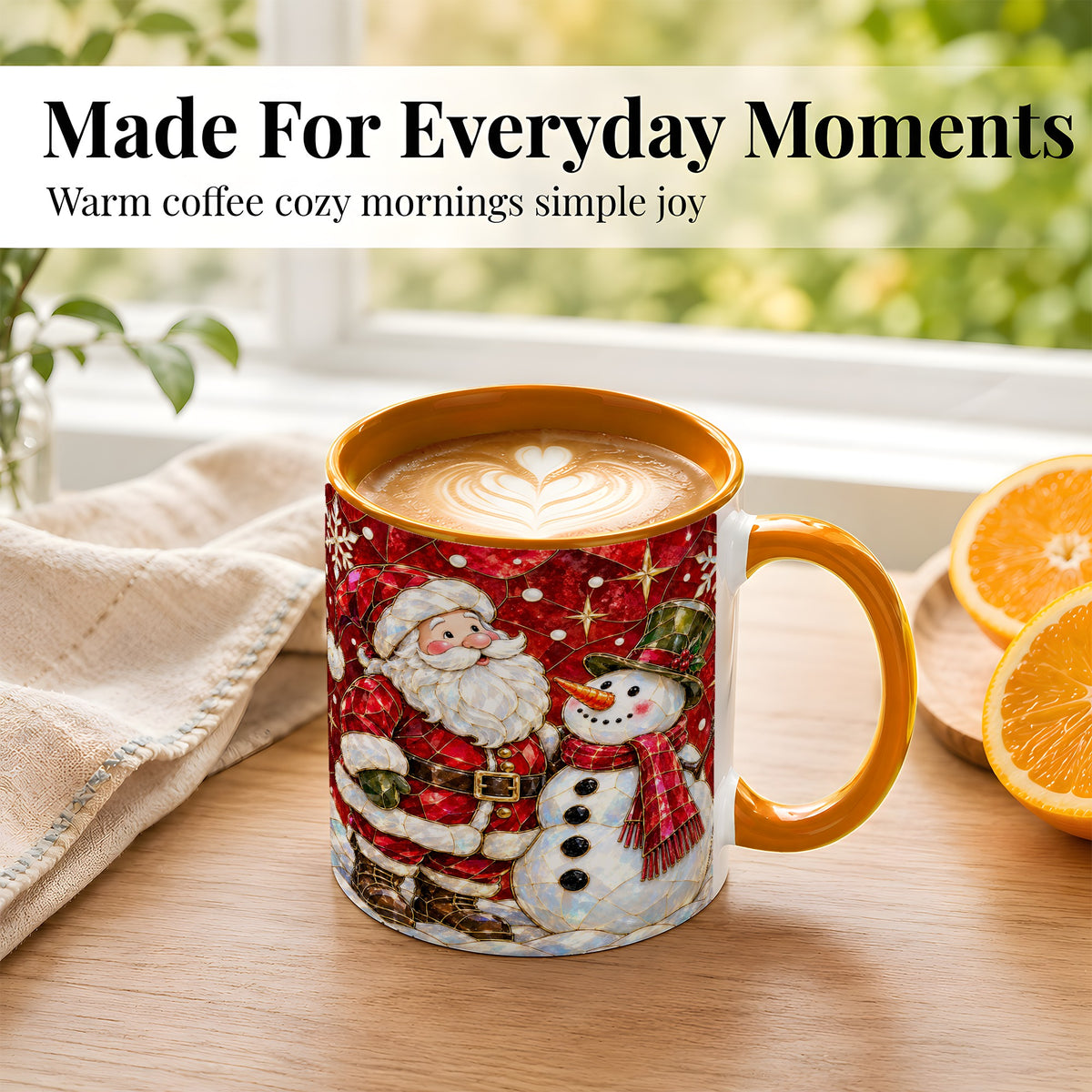 #pl[11oz|Orange] Santa and Snowman Coffee Mug, Mosaic Christmas Holiday Mug, Ceramic Cup
