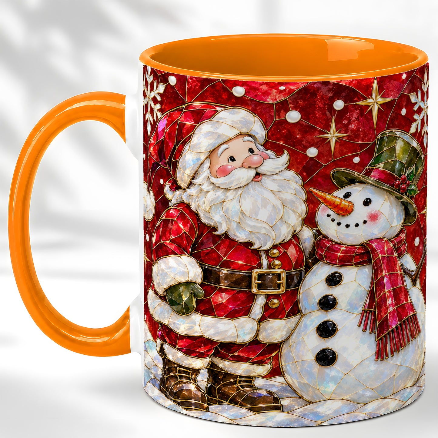 #pl[11oz|Orange] Santa and Snowman Coffee Mug, Mosaic Christmas Holiday Mug, Ceramic Cup