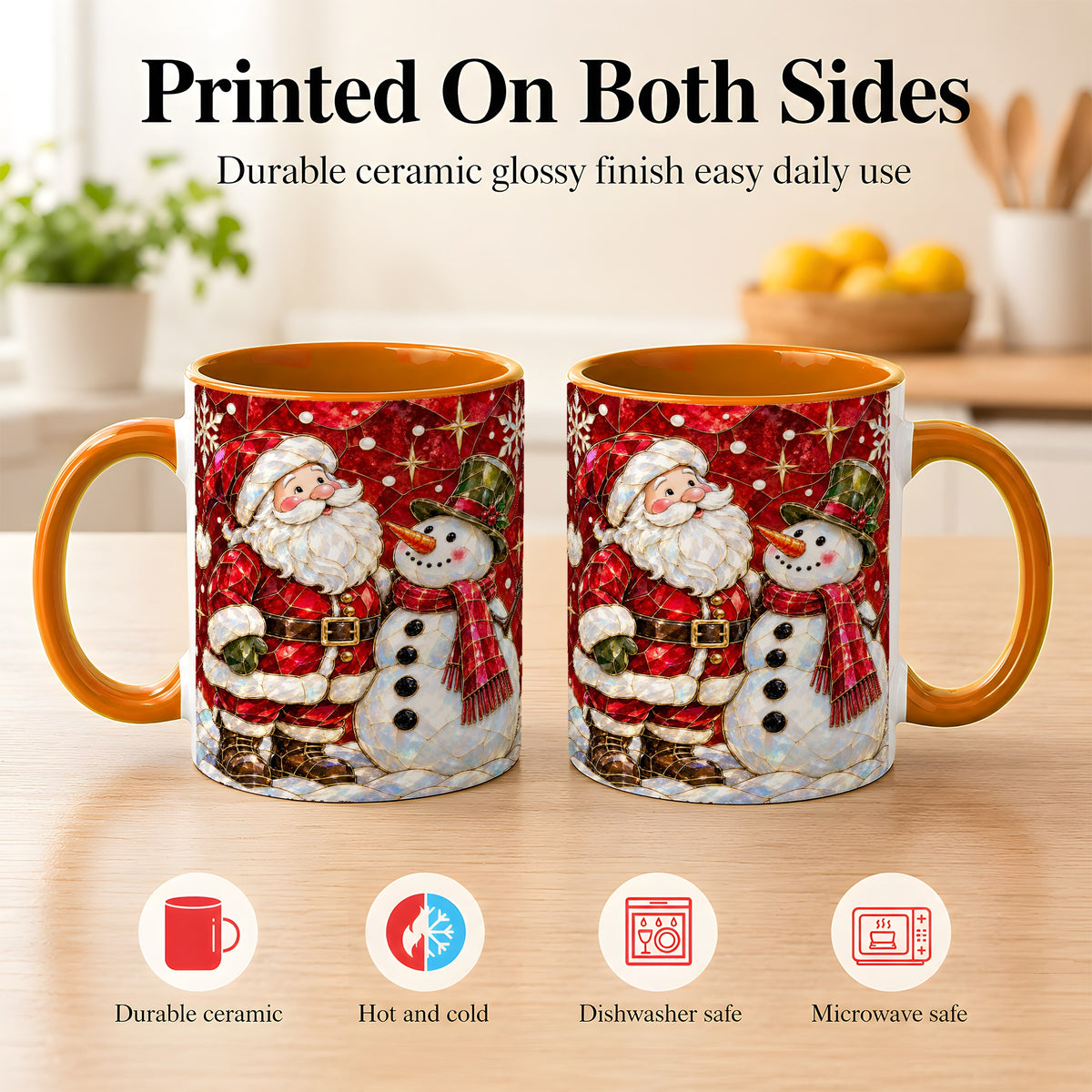 #pl[11oz|Orange] Santa and Snowman Coffee Mug, Mosaic Christmas Holiday Mug, Ceramic Cup