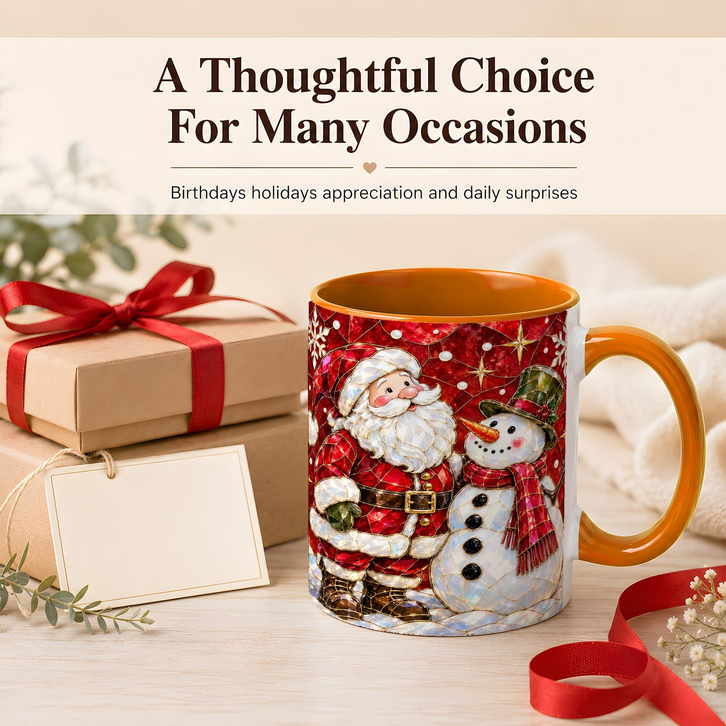 #pl[11oz|Orange] Santa and Snowman Coffee Mug, Mosaic Christmas Holiday Mug, Ceramic Cup
