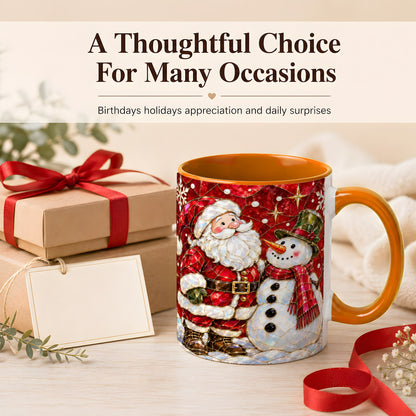 #pl[11oz|Orange] Santa and Snowman Coffee Mug, Mosaic Christmas Holiday Mug, Ceramic Cup