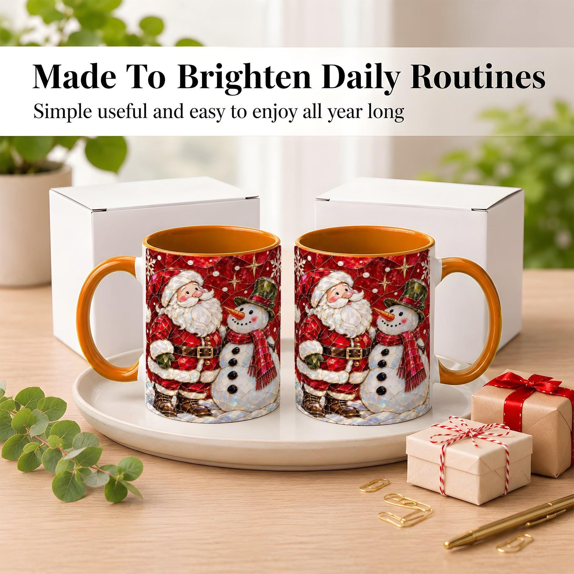#pl[11oz|Orange] Santa and Snowman Coffee Mug, Mosaic Christmas Holiday Mug, Ceramic Cup