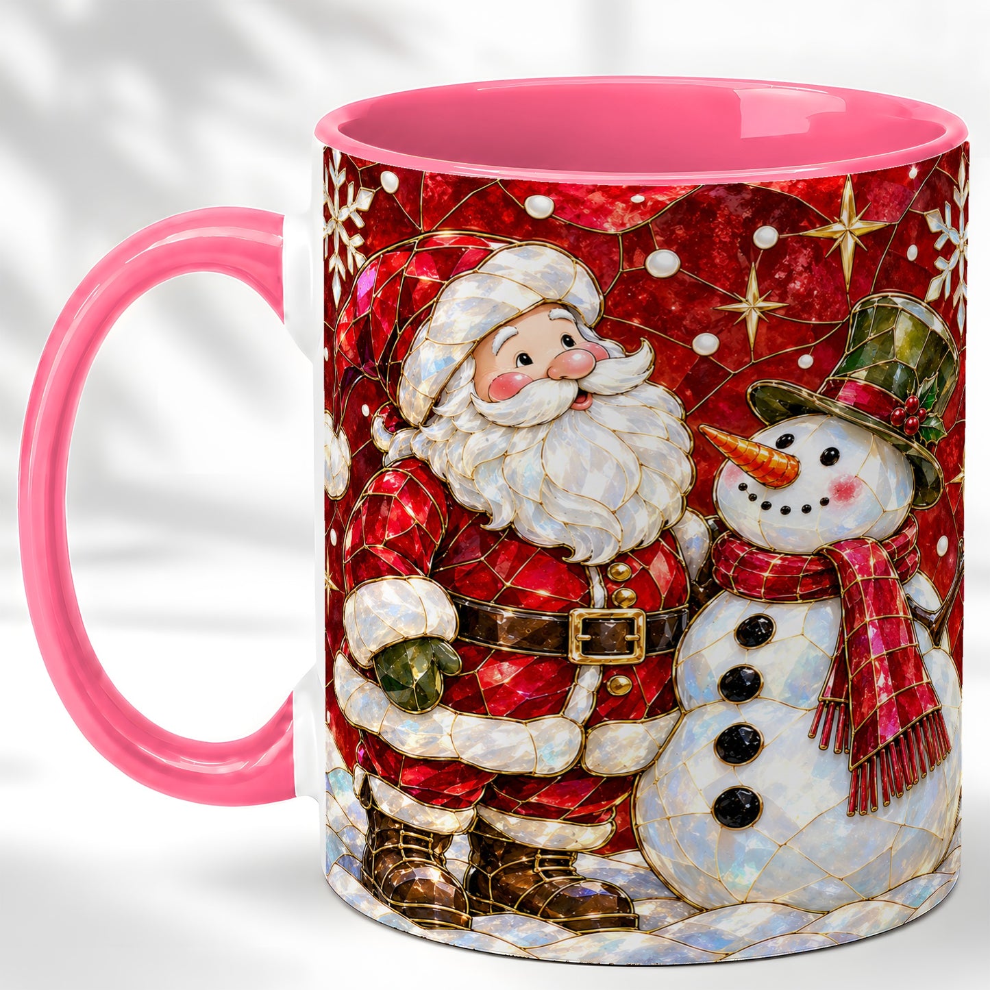 #pl[11oz|Pink] Santa and Snowman Coffee Mug, Mosaic Christmas Holiday Mug, Ceramic Cup