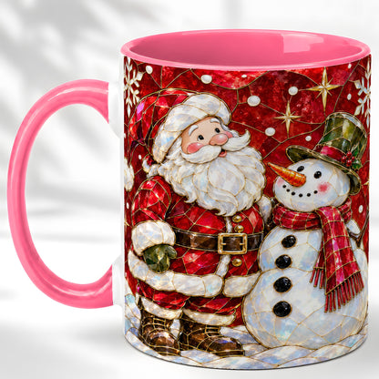 #pl[11oz|Pink] Santa and Snowman Coffee Mug, Mosaic Christmas Holiday Mug, Ceramic Cup