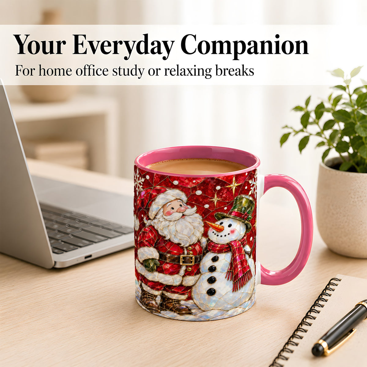 #pl[11oz|Pink] Santa and Snowman Coffee Mug, Mosaic Christmas Holiday Mug, Ceramic Cup