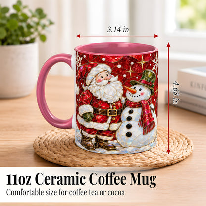 #pl[11oz|Pink] Santa and Snowman Coffee Mug, Mosaic Christmas Holiday Mug, Ceramic Cup
