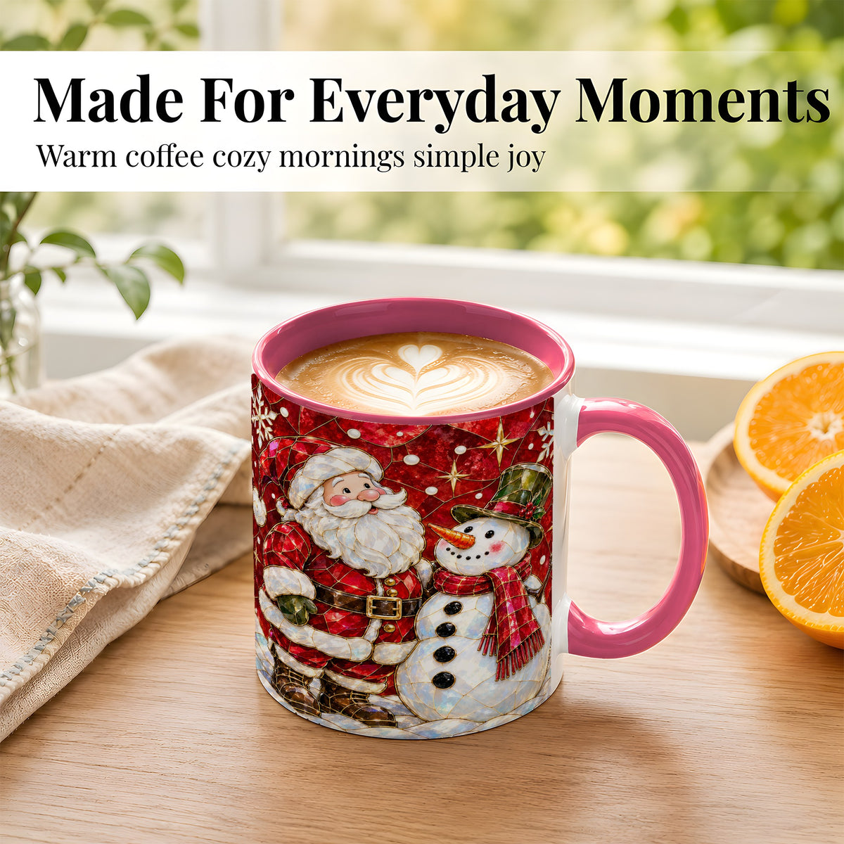 #pl[11oz|Pink] Santa and Snowman Coffee Mug, Mosaic Christmas Holiday Mug, Ceramic Cup