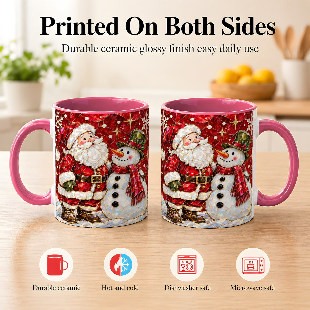 #pl[11oz|Pink] Santa and Snowman Coffee Mug, Mosaic Christmas Holiday Mug, Ceramic Cup